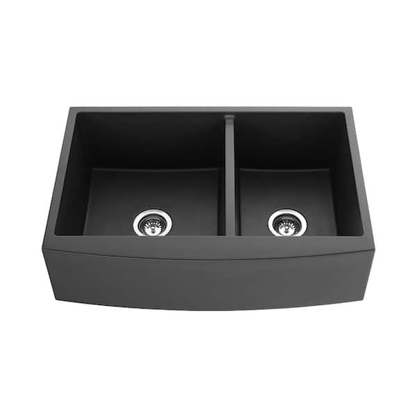 JimsMaison 33 in. Farmhouse/Apron-front Double Bowl Matte Black Quartz Kitchen Sink with Basket Strainer