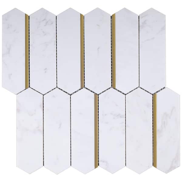 MOLOVO Natural Dorato White Gold 11.23 in. x 11.62 in. Picket Polished Marble Mosaic Tile Sample