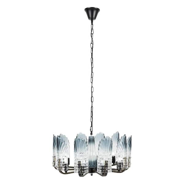 OUKANING 22.24 in. 10-Light Black Modern Elegant Crystal Chandelier for Bedroom with Blue Glass Shade, No Bulbs Included