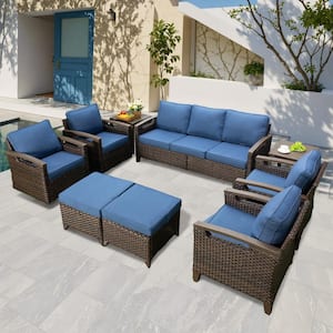 Nyajiah 9-Piece Wicker Patio Conversation Set with Blue Cushions