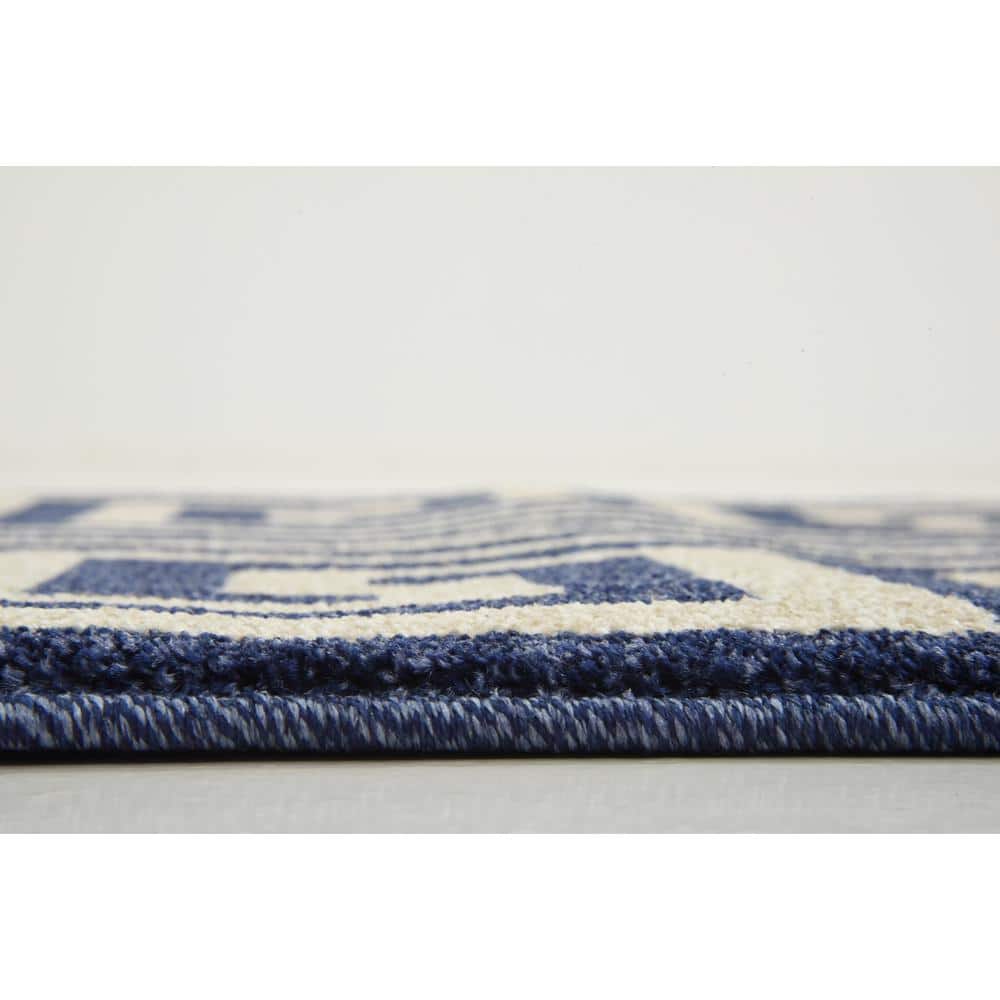Navy Blue Geometric Stain-Resistant Synthetic Runner Rug
