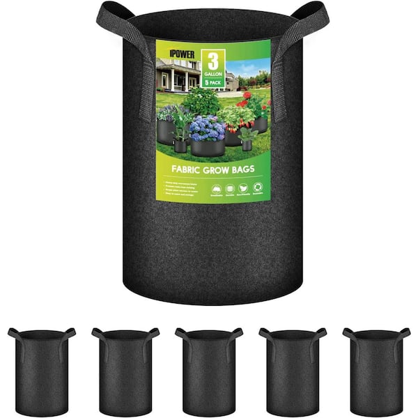 10 Gallon Grow Bags 5-Pack Black Thickened Nonwoven Fabric Pots with Handles, Multi-Purpose Rings