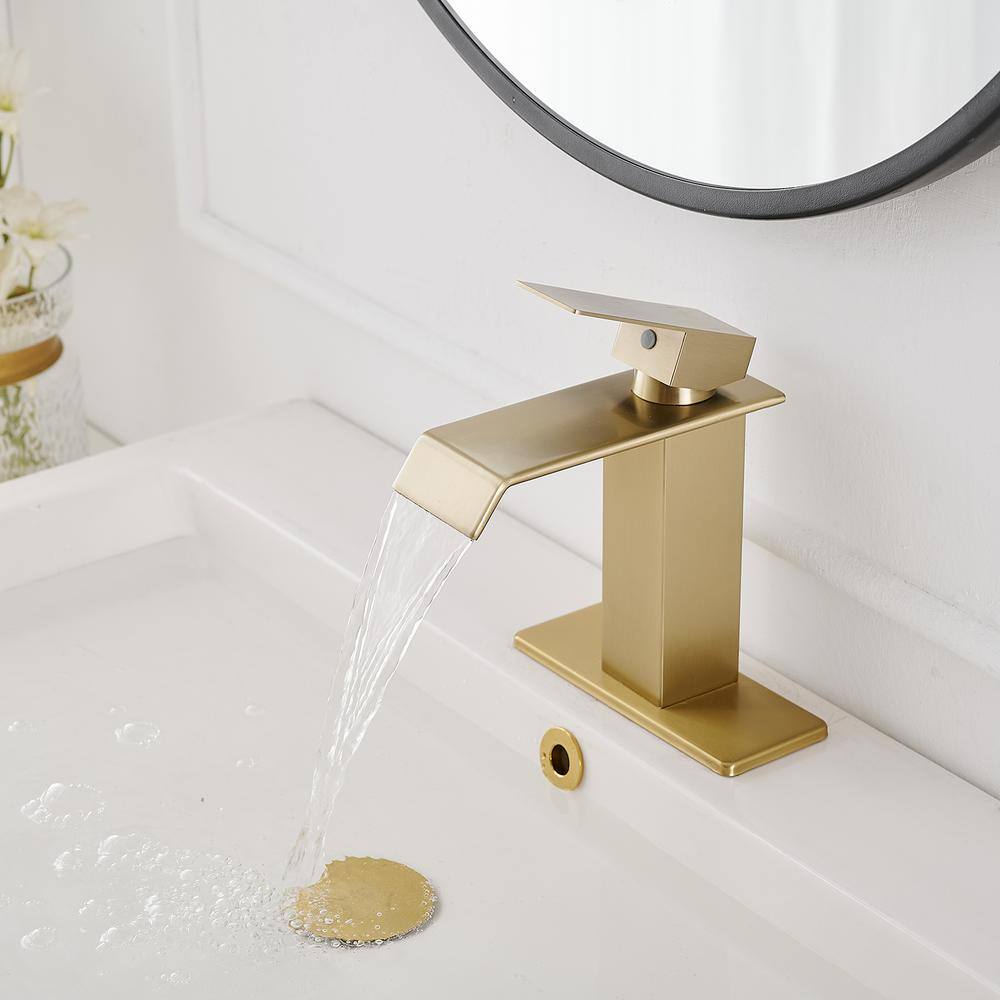 Brushed Gold Single-Handle Low-Arc Bathroom Faucet with Supply Line