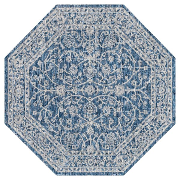 Palazzo Vine and Border Textured Weave Navy/Gray 8 ft. Octagon Indoor/Outdoor Area Rug