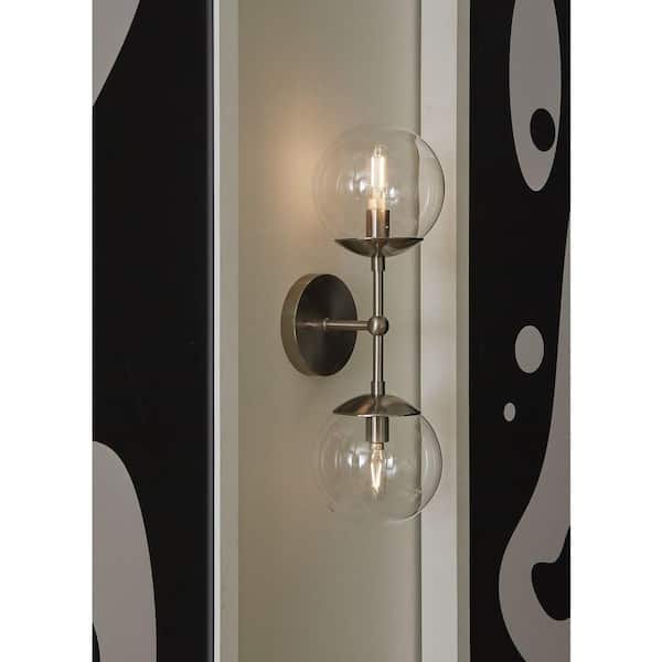 Progress Lighting Atwell Collection 6 in. 2-Light Brushed Nickel Mid-Century Modern Wall Sconce with Clear Glass Shade