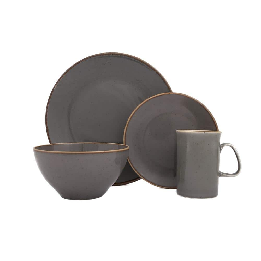 PORLAND Seasons 4 Piece Dark Grey Porcelain Dinnerware Place Setting w ...