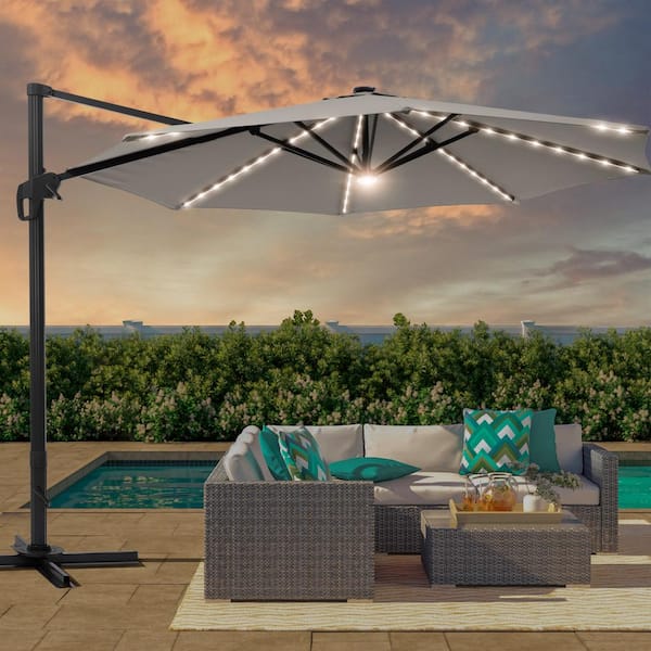11 ft. Round Aluminum Frame Outdoor Cantilever LED Umbrella Patio Umbrella 360° Rotation System in Gray