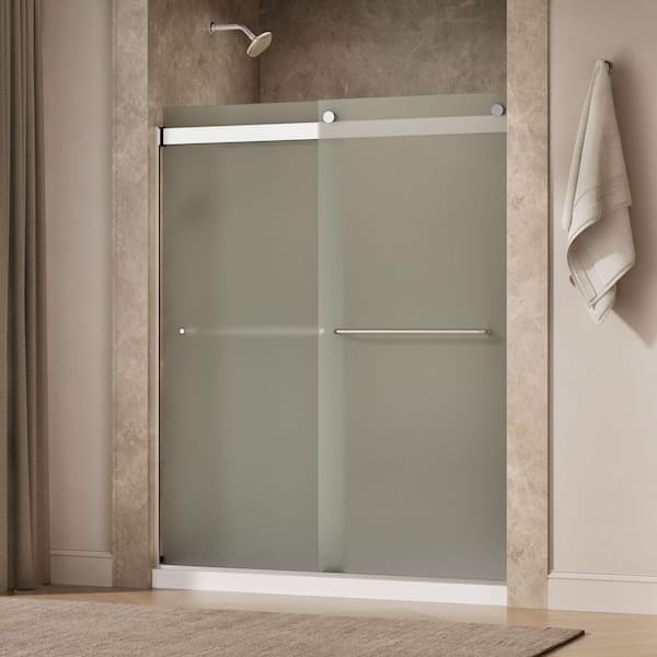 Levity 56-60 in. W x 74 in. H Frameless Sliding Shower Door in Silver with 1/4 in. Thick Frosted Tempered Glass