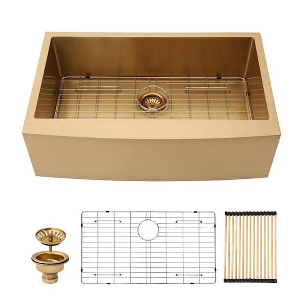 30 in. Farmhouse Single Bowl 16-Gauge Gold Stainless Steel Kitchen Sink with Drain and Dish Grid