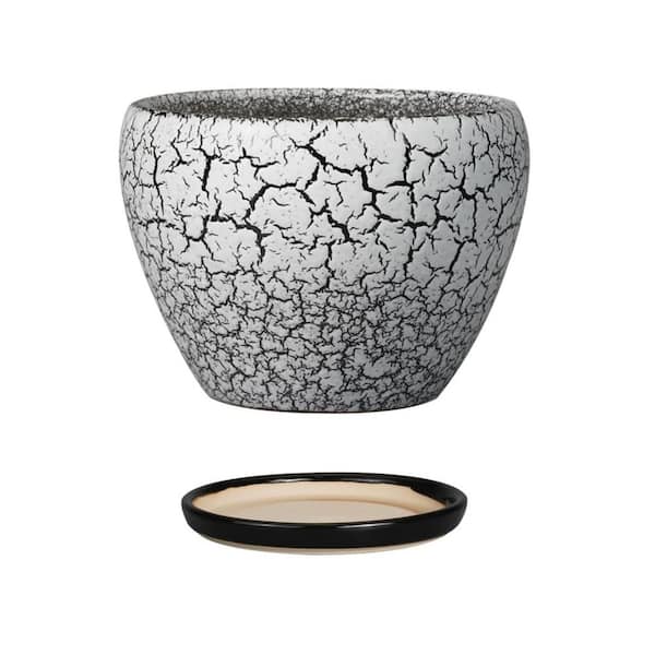 White and Black Ceramic Indoor/Outdoor Planter with Saucer (6.3 in. W x 4.4 in. H)