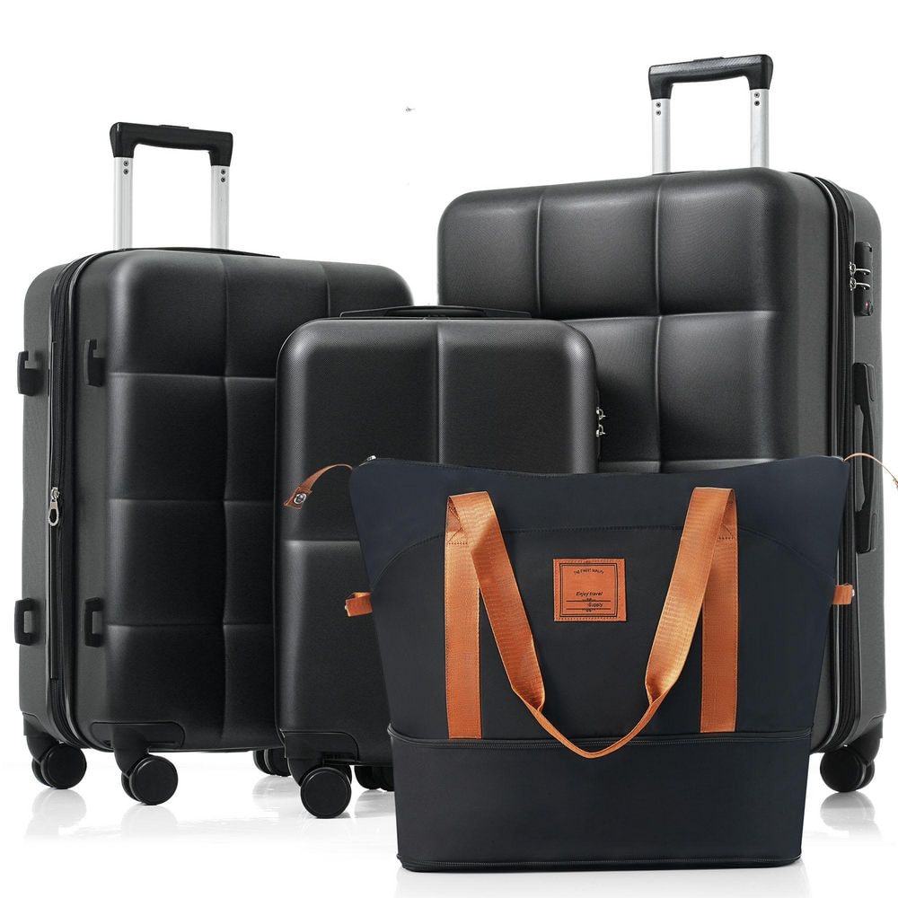 4-Piece Black and Brown ABS Hardshell Spinner Luggage Set with Expandable Travel Bag, TSA Lock, Cup Holder, Hooks