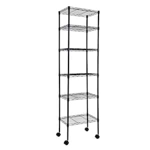 Black Heavy Duty 6-Shelf Shelving with Wheels, with Hanging Hooks, Wire Shelving, Adjustable Storage Units