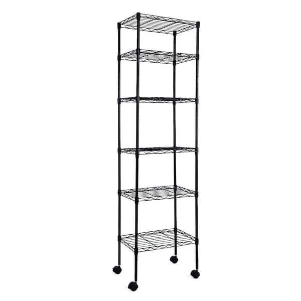 Tileon Black Heavy Duty 6-Shelf Shelving with Wheels, with Hanging