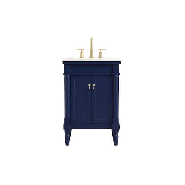 Timeless Home 24 in. W Single Bath Vanity in Blue with Marble Vanity Top in White and Brown Vein with White Basin