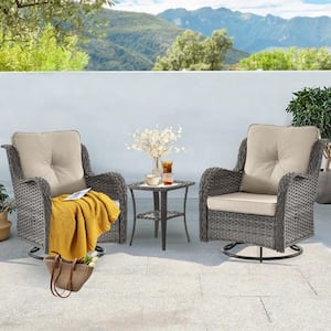 Gray 3-Piece Wicker Swivel Outdoor Rocking Chairs Patio Conversation Set with Beige Cushions