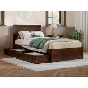 Lylah Walnut Brown Solid Wood Frame Twin XL Platform Bed with Panel Footboard and Storage Drawers