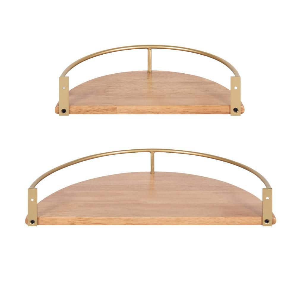 Natural Wood and Gold Floating Semi-Circle Wall Shelves