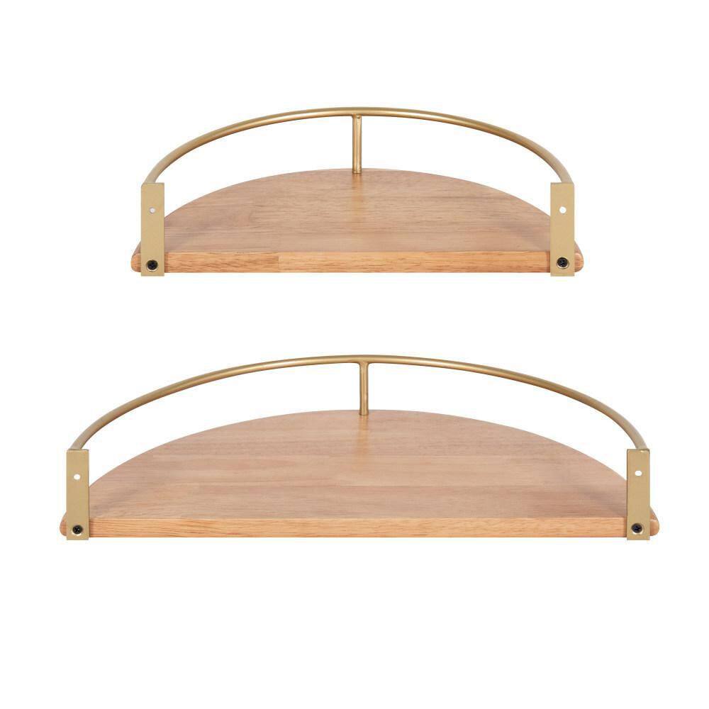 Natural Wood and Gold Floating Semi-Circle Wall Shelves
