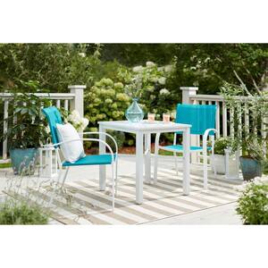 26 in. Mix and Match Lattice White Square Metal Outdoor Patio Bistro Table with Slat Top
