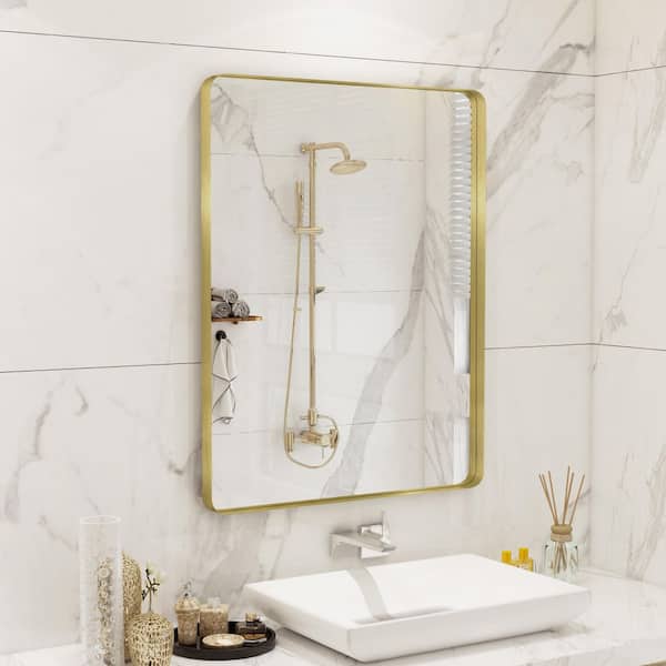 28 in. W x 36 in. H Premium Aluminum Framed Rectangular Bathroom Vanity Wall Mirror in Gold