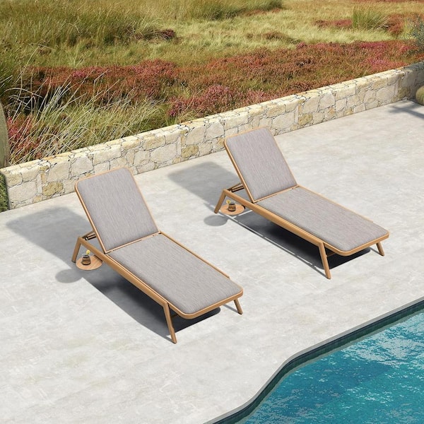 Chaise Lounge Teak 2 pieces Metal Outdoor Recliner w/Slide-Out Side Table with Beige/Tan Cushion Adjustable Backrest