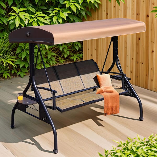 NOBLEMOOD 3-Person Outdoor Metal Patio Swing with Adjustable Canopy, Textline Seat, Foldable Side Trays, Light Coffee