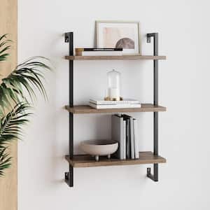 Theo 39 in. Rustic Oak Wood Black Pipe 3-Shelf Floating Shelves Wall Mount Accent Bookcase with Metal Frame