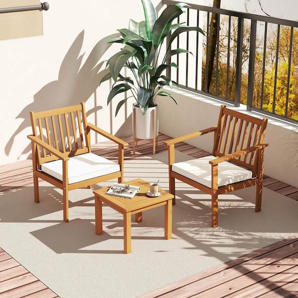 FORCLOVER 3-Piece Wood Patio Conversation Set with Off White Cushions