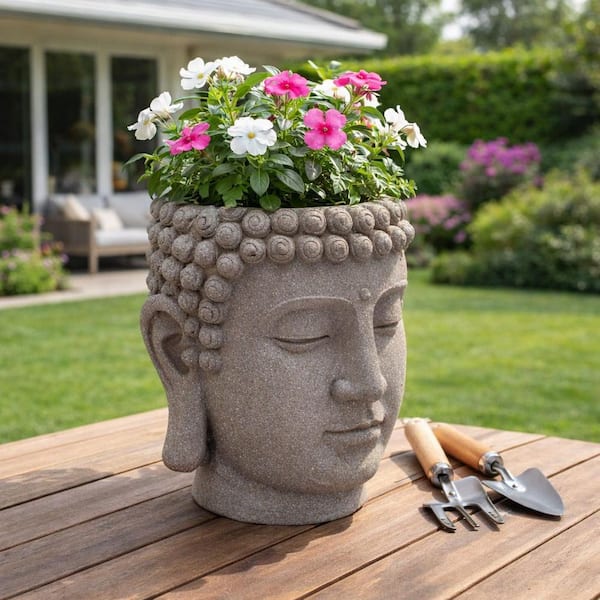 Gray Resin Buddha Head Planter (14.25 in. W x 16.25 in. H)