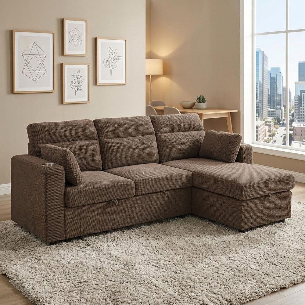 82.5 in. Square Arm Fabric L-shaped Sectional Sofa in Brown with Storage Chaise, Cup Holders, 2 Pillows, Coffee price history on PriceWatchPro