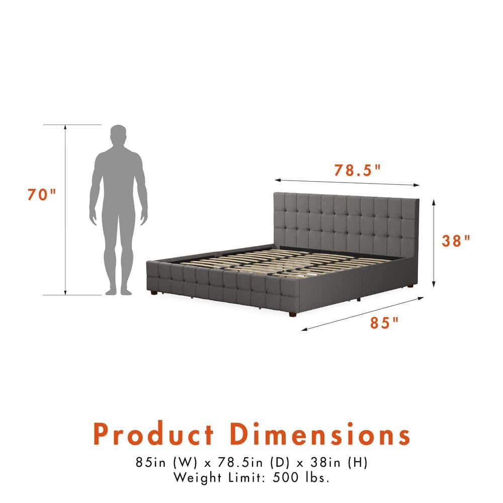 King-Size Gray Linen Upholstered Storage Bed with Tufted Design & 4 Drawers