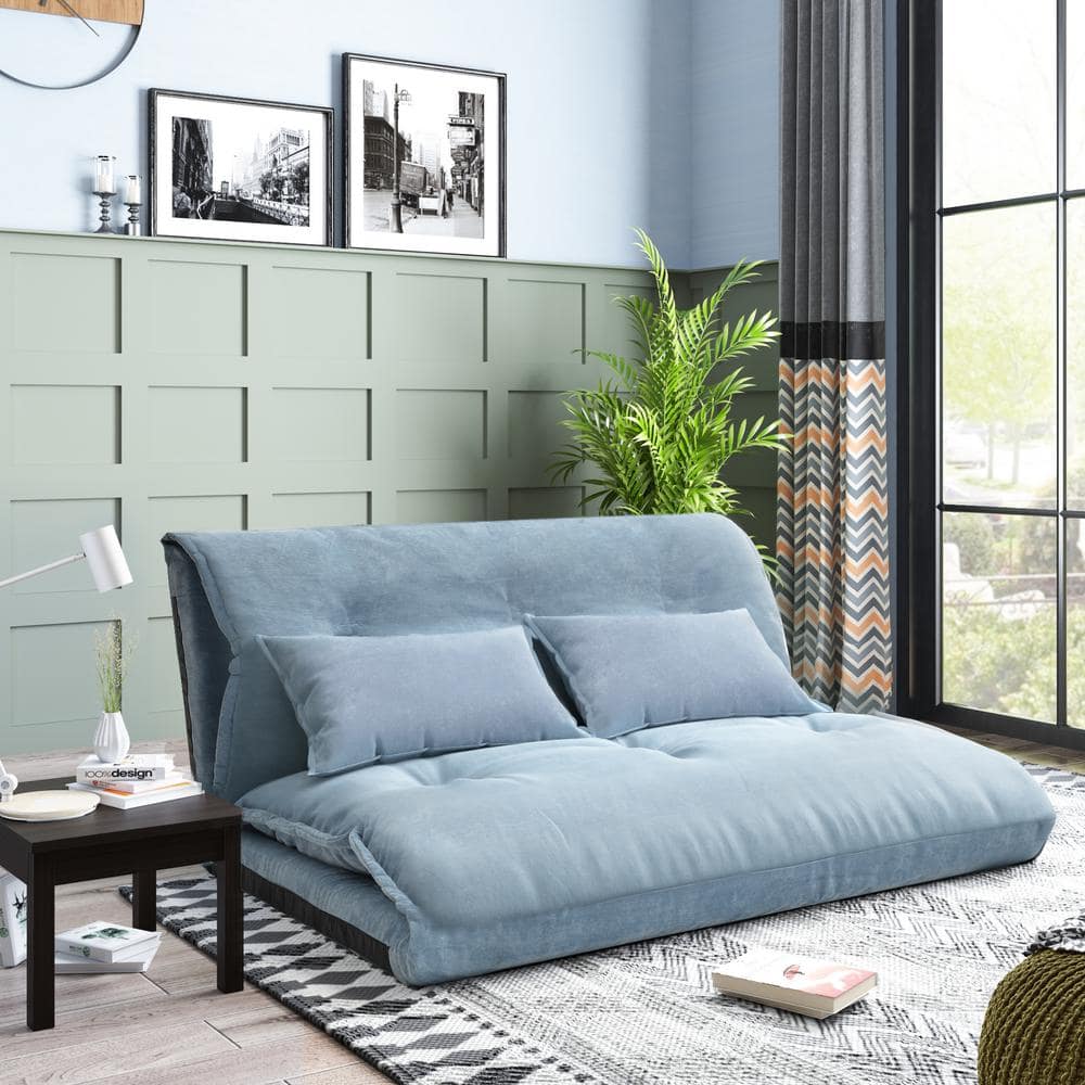 Lazy Susan Bed Blue Fabric Adjustable Folding Futon Sofa with 2 Pillows