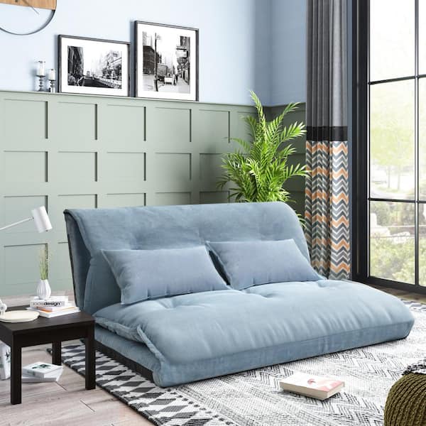 Unbranded Lazy Susan Bed Blue Fabric Adjustable Folding Futon Sofa with 2 Pillows