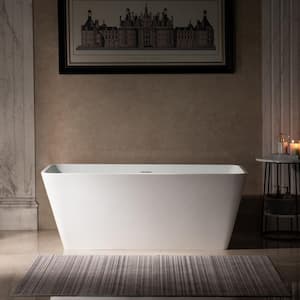 59 in. Stone Resin Flatbottom Freestanding Bathtub in Matte White with 2-Drain Covers