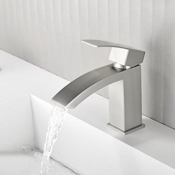 Single Handle Single Hole Bathroom Faucet with Deckplate and Drain Included, Square Bathroom Faucet in Brushed Nickel