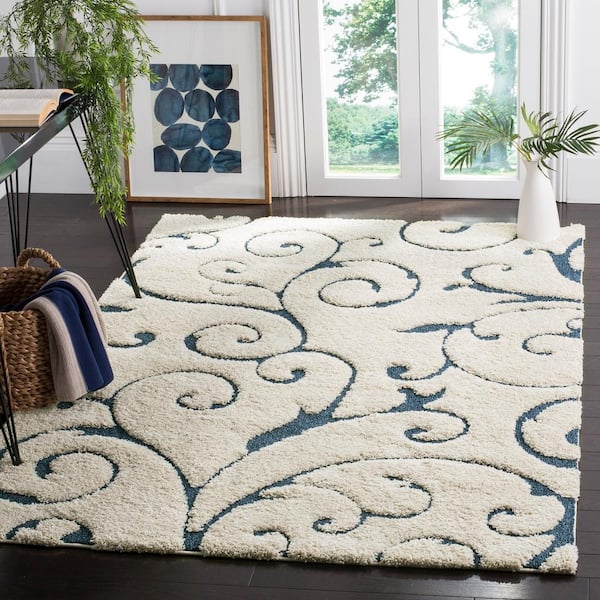 Florida Shag Cream/Blue 6 ft. x 9 ft. High-Low Floral Area Rug