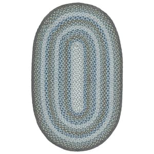 Braided Light Blue/Green 4 ft. x 6 ft. Border Striped Oval Area Rug