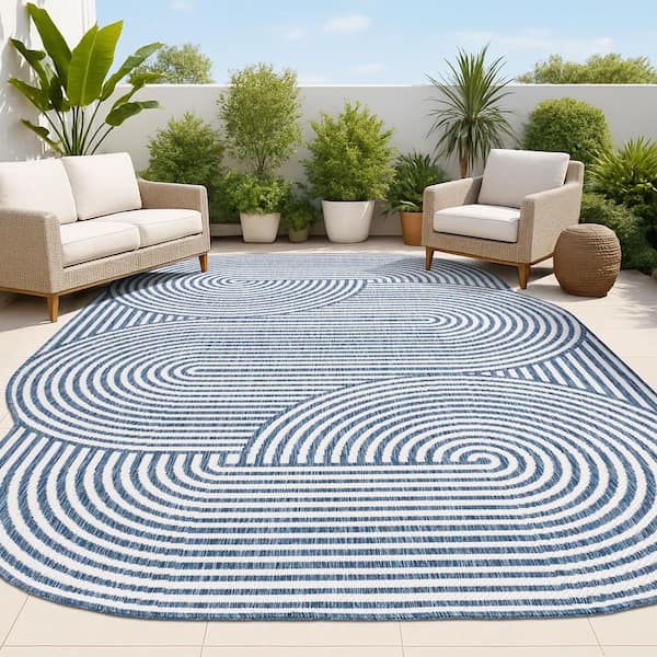 Margot Modern Geometric Arch Stripe Cream/Navy 8 ft. x 10 ft. Indoor/Outdoor Shaped Area Rug