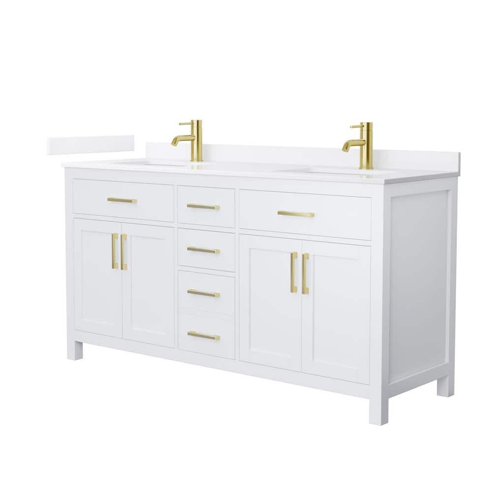 White Double Freestanding Bathroom Vanity with Gold Hardware and Quartz Top