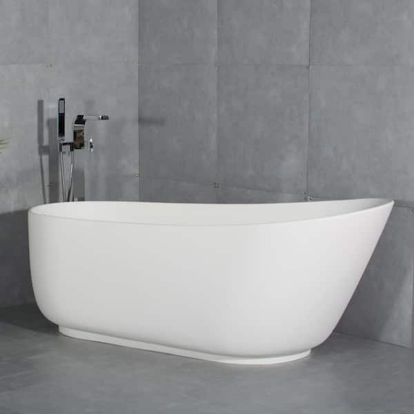 Moray 59 in. x 30 in. Solid Surface Stone Resin Flatbottom Freestanding  Double Slipper Soaking Bathtub in Matte White