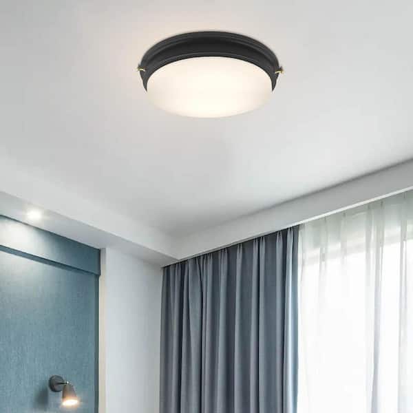 14 in. Matte Black Integrated LED 4000K Flush Mount Ceiling Light with Frosted Glass Shade for Hallways, Kitchens