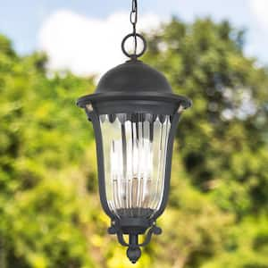 Peale Street 4-Light Sand Black and Vermeil Gold Outdoor Lantern Pendant with Clear Ribbed Glass