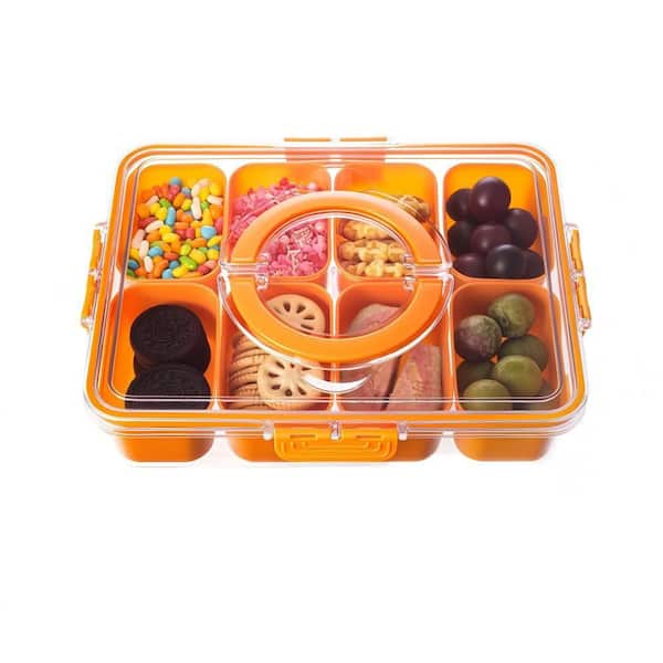 11 in. 8.45 fl. oz. Orange Plastic Divided Snack Container Serving Bowls, with Lid Handle Portable Holiday Food Storage