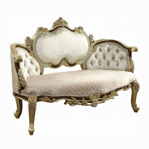 Mara 31 in. Straight Arm Faux Leather Curved Sofa in Beige and Antique Gold