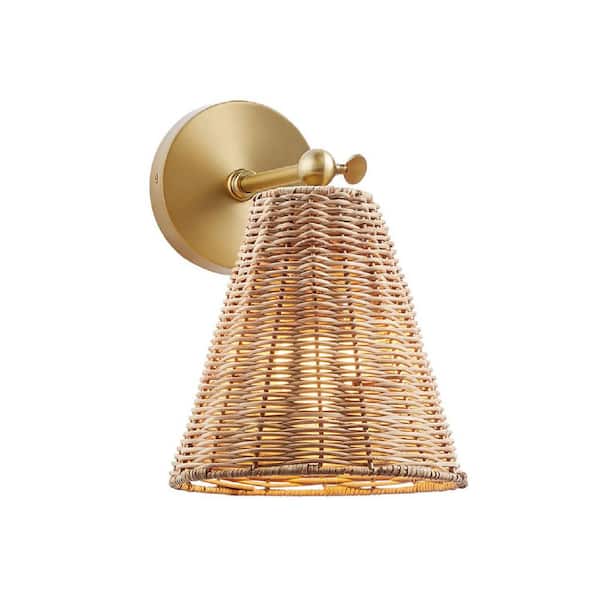 TUXEDO PARK LIGHTING 8 in. W x 11 in. H 1-Light Natural Brass Bohemian Wall Sconce with Rattan Shade (Set of 2)