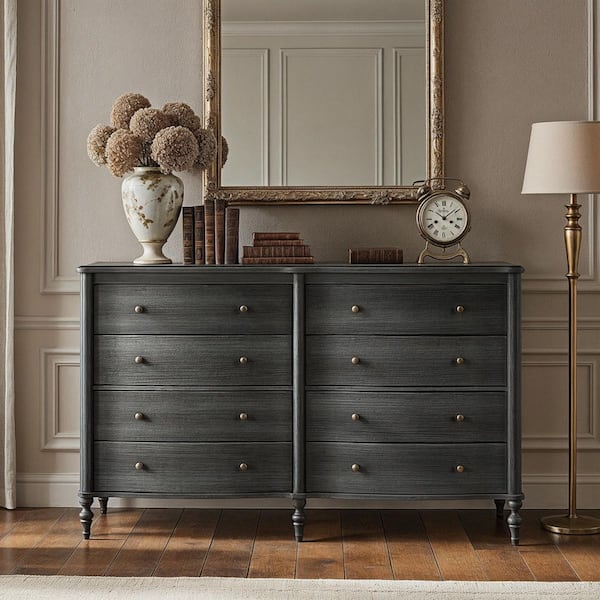 Homsee 63 in. Black Oak Engineered Wood Dresser with 8 Spacious Drawers,  Curved Front & Smooth Glides ZN-HS210364-01