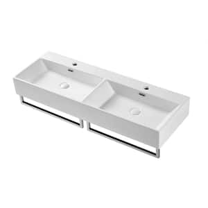47 in. Modern Double Sink Rectangular Ceramic Vessel Sink in White with Towel Rack
