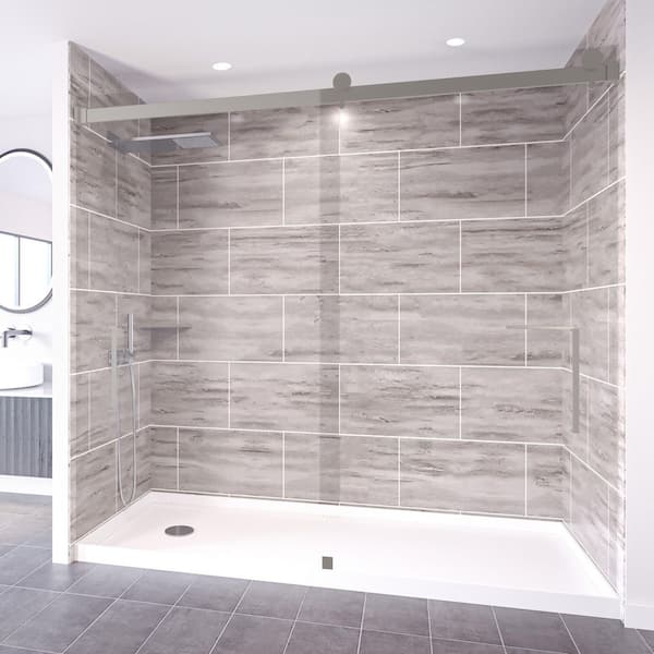 NuVo Driftwood-Tetherow 60 in. L x 32 in.W x 99 in.H Floor/Ceiling Base/Wall/Door Alcove Shower Stall/Kit Brushed Nickel Left