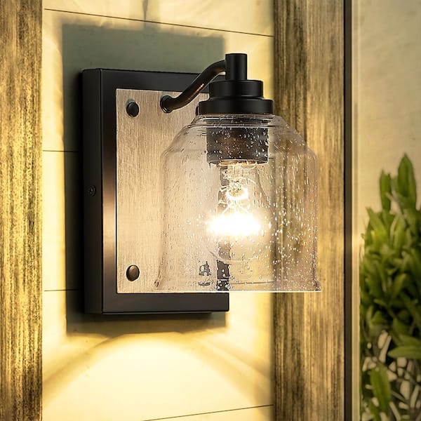 pasentel 1-Light Black Farmhouse Vanity Light Fixture with Seeded Glass Shade, Faux Wood Metal Single Wall Sconce for Bathroom