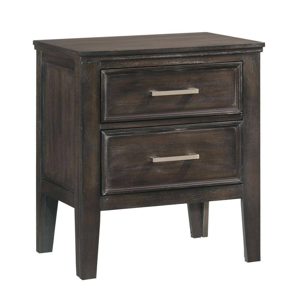 Nutmeg brown 2-drawer nightstand viewed from a 3/4 angle.